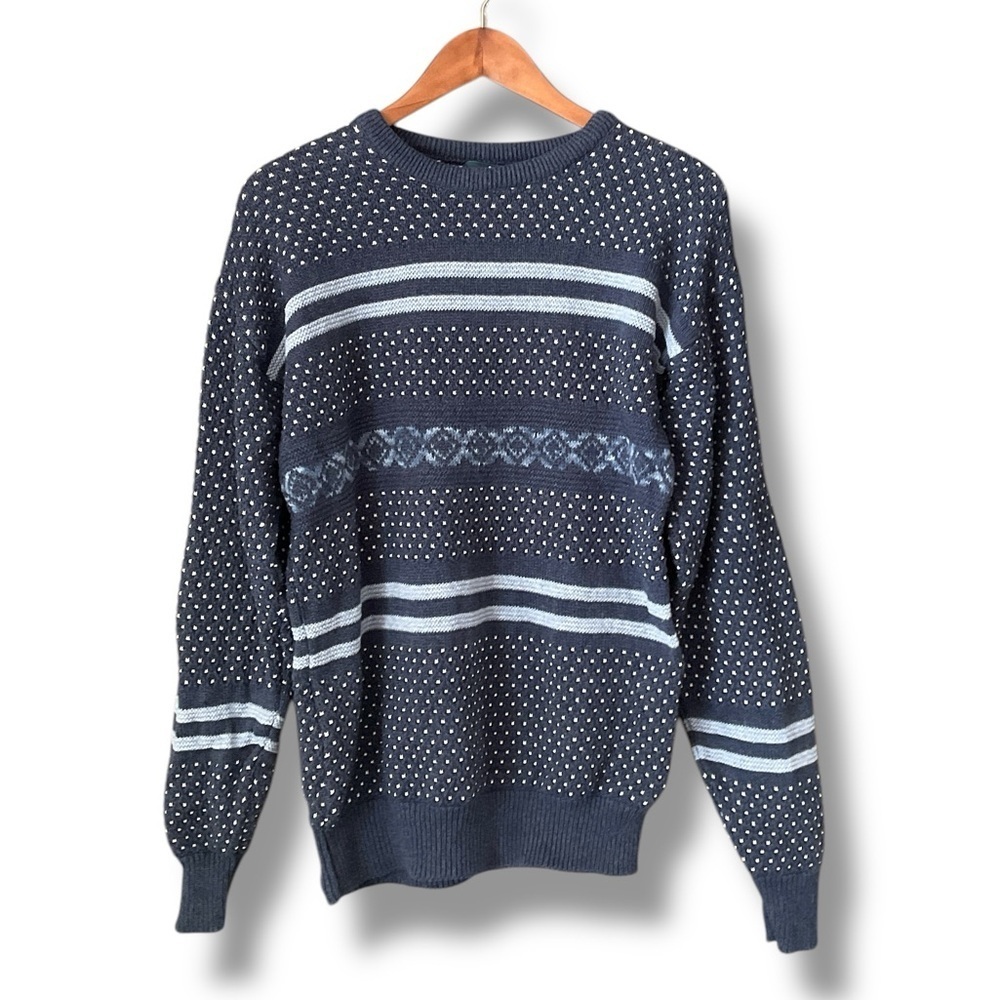 Jantzen Vintage Blue Crewneck Stripe & Dot Knit Sweater Size Medium